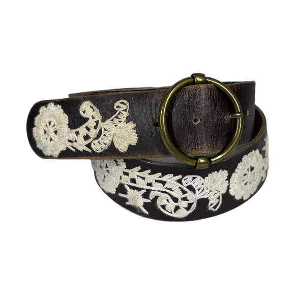 Lucky Brand Accessories - Lucky Brand Floral Embroidered Brown Leather Belt Medium Cream Boho Western